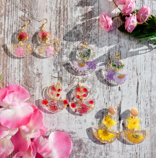 Flower Dangly Earrings with Gold Accent